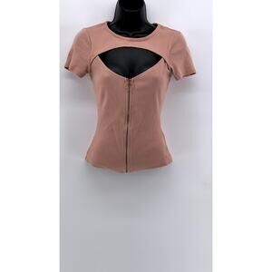GUESS Women's Light Pink Ribbed Cutout Zip-Up Short Sleeve Top SZ S